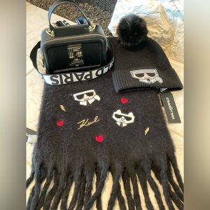 Karl Lagerfeld Paris Simone Camera Bag w/ matching winter hat/scarf set